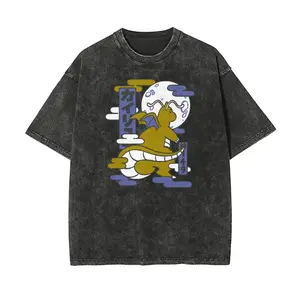 Men's Soft Stretch Casual T-Shirt, Retro Oversized Loose Fit Ukiyo-e Dragonite Pocket Monsters Graphic Washed Vintage Distressed Unisex Anime Streetwear Top