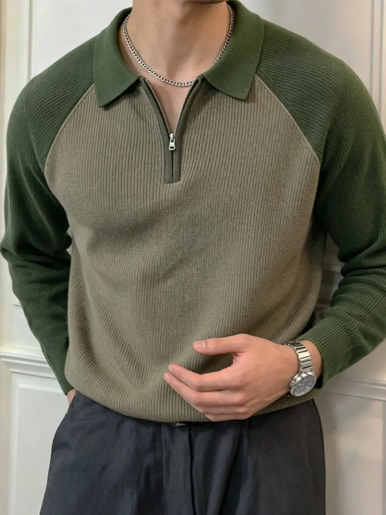 Men's Fall Winter Sweater, Plain Fitted Knitwear, Half-Zip Open Neck, Vertical Texture, Multiple Colors, Casual & Commute Friendly