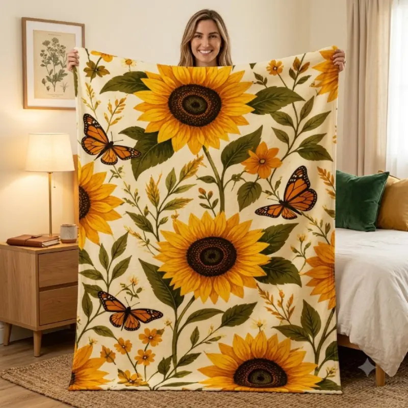 Cozy Botanical Sunflower & Butterfly Throw Blanket - Soft Flannel Bedspread Suitable for Living Room, Bedroom Sofa, Contemporary Bedspread with Botanical Print, Warm Gift for Women, - Bedding Decor (No Revision Needed)