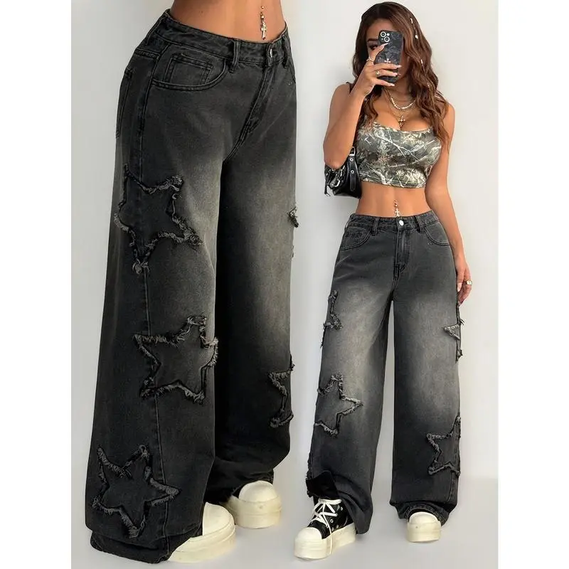Women's Black Gradient Wide-Leg Denim Jeans - Star Cut-Out Raw Edges, Loose-Fit Streetwear Hip-Hop Style, Machine Washable, Casual Fashion Denim, Pocketed Womenswear Bottoms for Spring Summer Fall, Jeans With Pockets