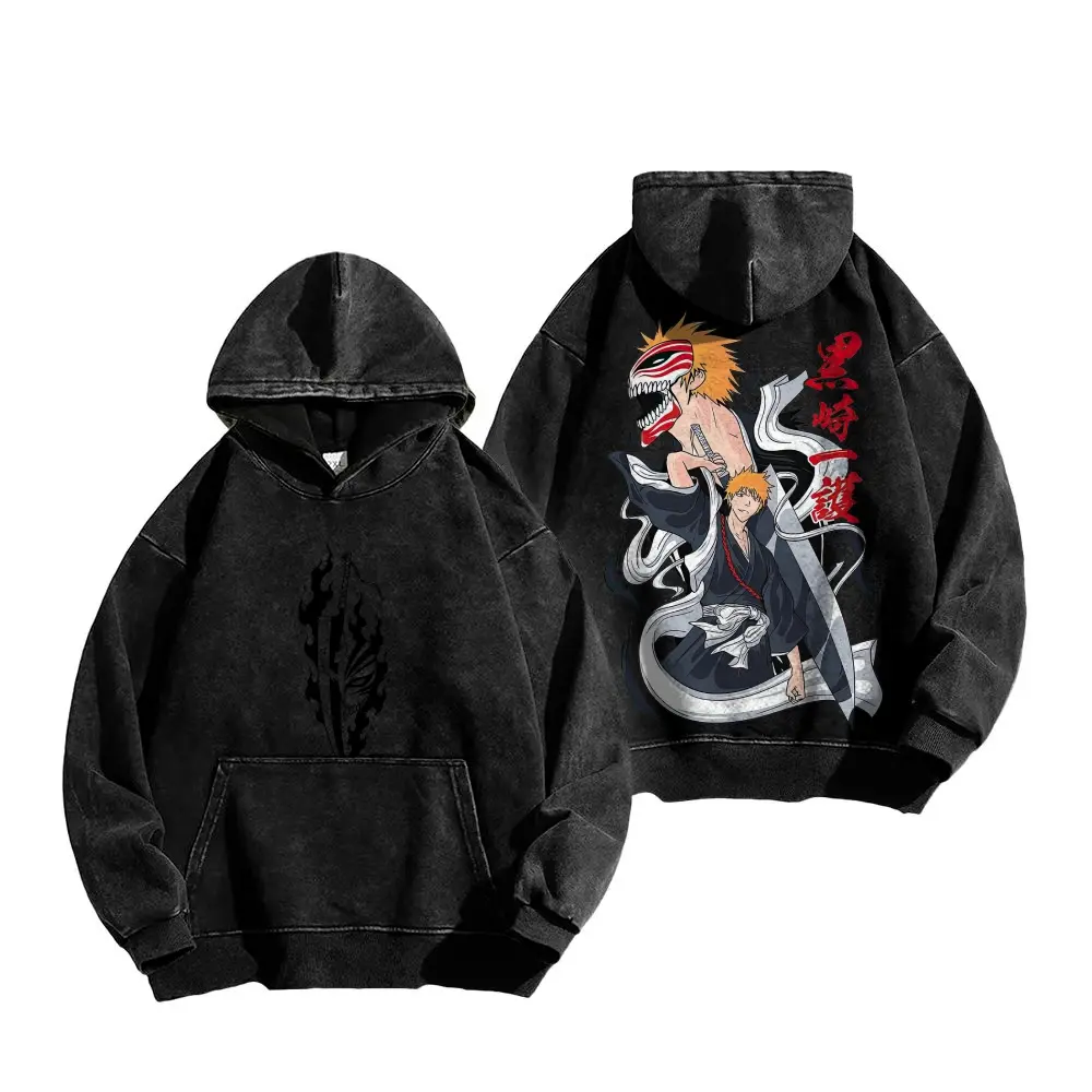 Unisex Vintage Washed Pullover Hoodie, Japanese Mask Warrior Art Double‑Sided Graphic Print Hooded Sweatshirt, Oversized Retro Streetwear Fleece Top with Kangaroo Pocket, Multiple Colors Available