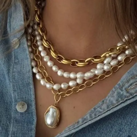 4Pcs Layered Pearl Chain Necklace Set, Gold-Tone Metal & Imitation Pearl Beaded Necklaces, Vintage Baroque Pendant, Fashion Jewelry for Women, Ideal for Daily and Party Occasions Decorative Necklace
