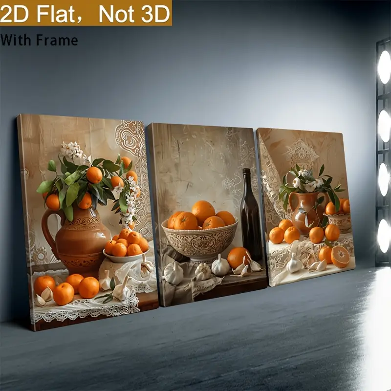 2D canvas, 3-piece framed art set, vibrant garlic and fruit design, suitable for bedroom, living room, kitchen decoration, modern wall art, easy to hang, perfect addition to the room's style