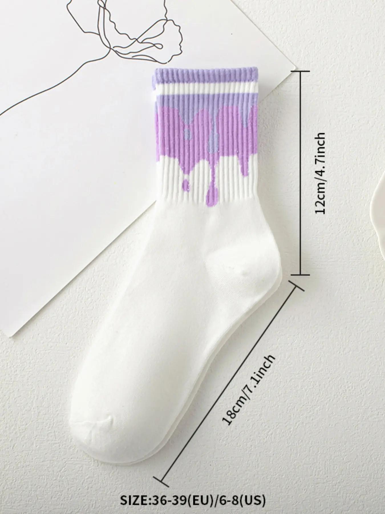 Women's 7 Pairs Heart & Letter Print Crew Socks, Casual Stylish Socks, Soft Comfy Socks, Preppy Casual Soft Comfortable Breathable Striped Print Mid-calf Socks for Daily Wear, Multipack Knit Socks for All Seasons, Sock Set