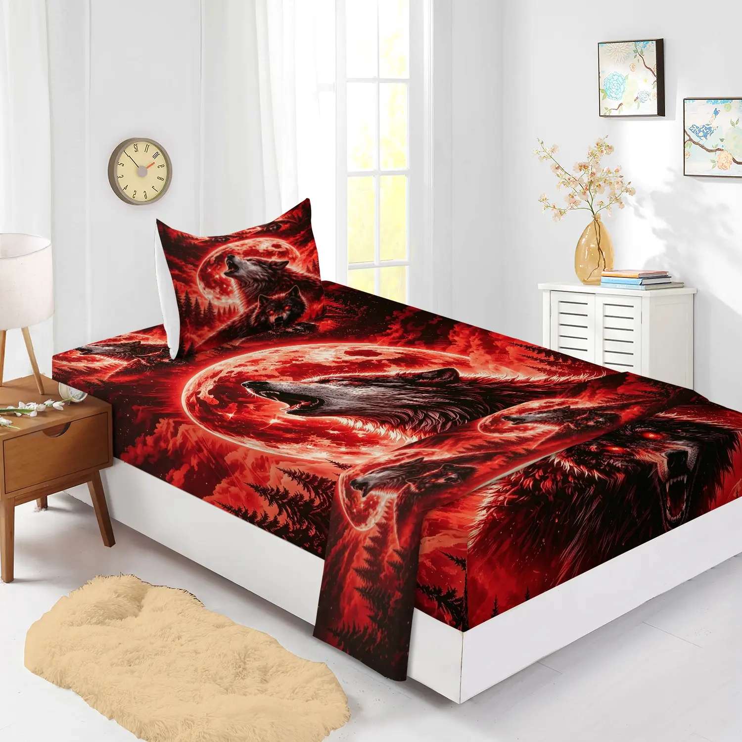 4Pcs Wilderness Moon Wolf Bedding Set, Dark Style Blood Moon Forest Wolf Pack All Over Print, Cool Sophisticated Dark Home Bedding (1 Flat Sheet+1 Fitted Sheet+2 Pillowcases) Machine Washable