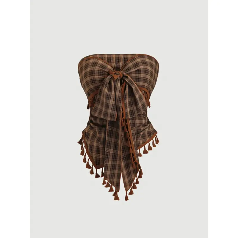 Women's Vintage Plaid Print Sleeveless Cami Top - Fringe Trim, Bow Detail, Short French Style Evening Party Wear Clothes