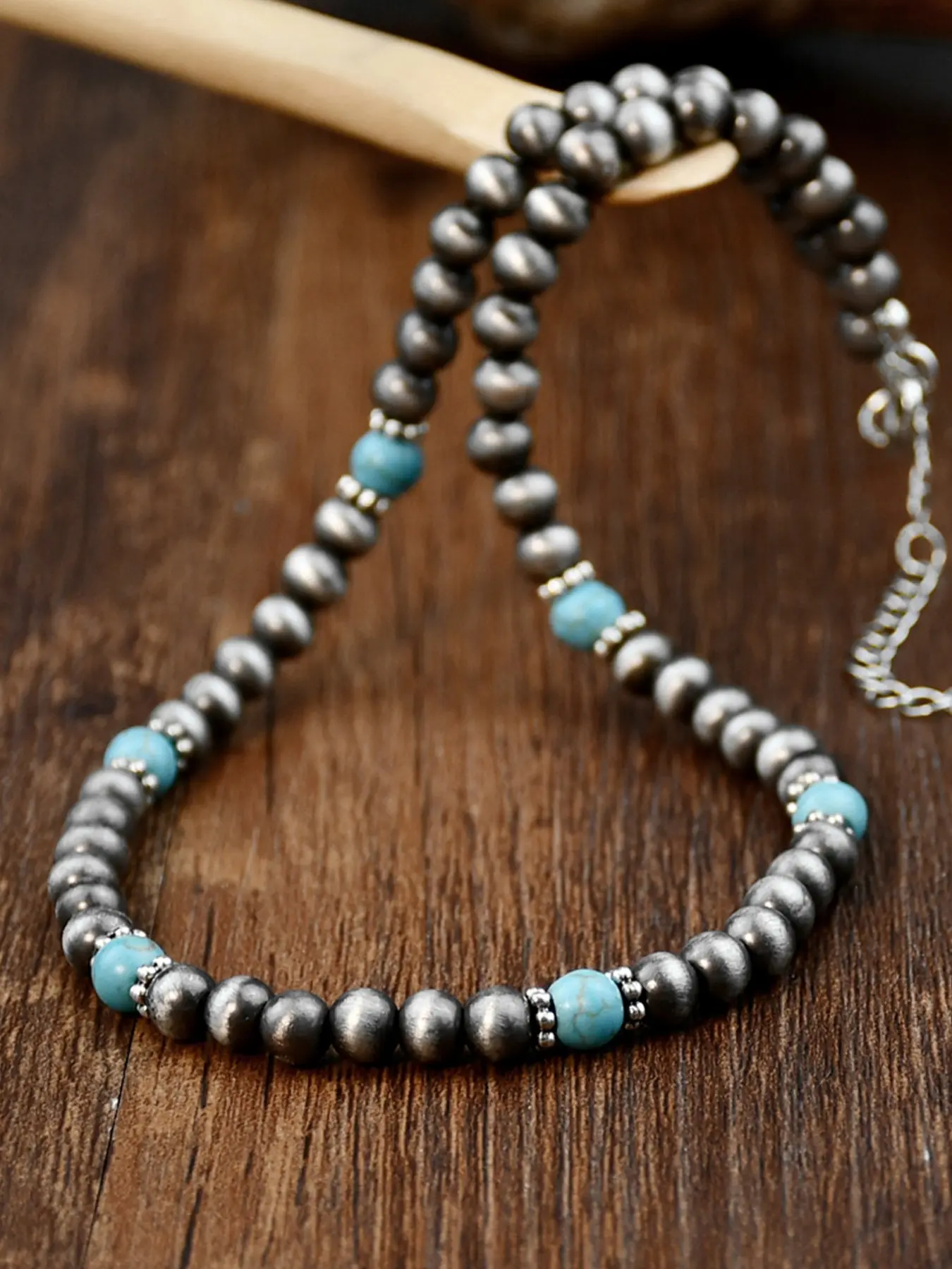 Western Style Antique Tin Bead Synthetic Turquoise Necklace, Bohemian Neutral Choker Fashion Jewelry, Trendy Accessory for All Seasons, Boho Style Necklace