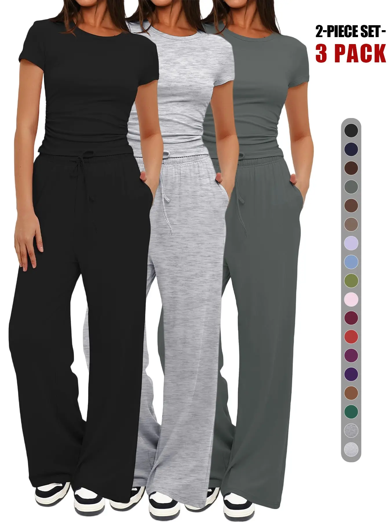 Solid Color Round Neck Short Sleeves Tee & Flare Leg Pants Loungewear, Casual Comfy Pyjama Set, Women's Sleepwear for All Seasons, Homewear 2026