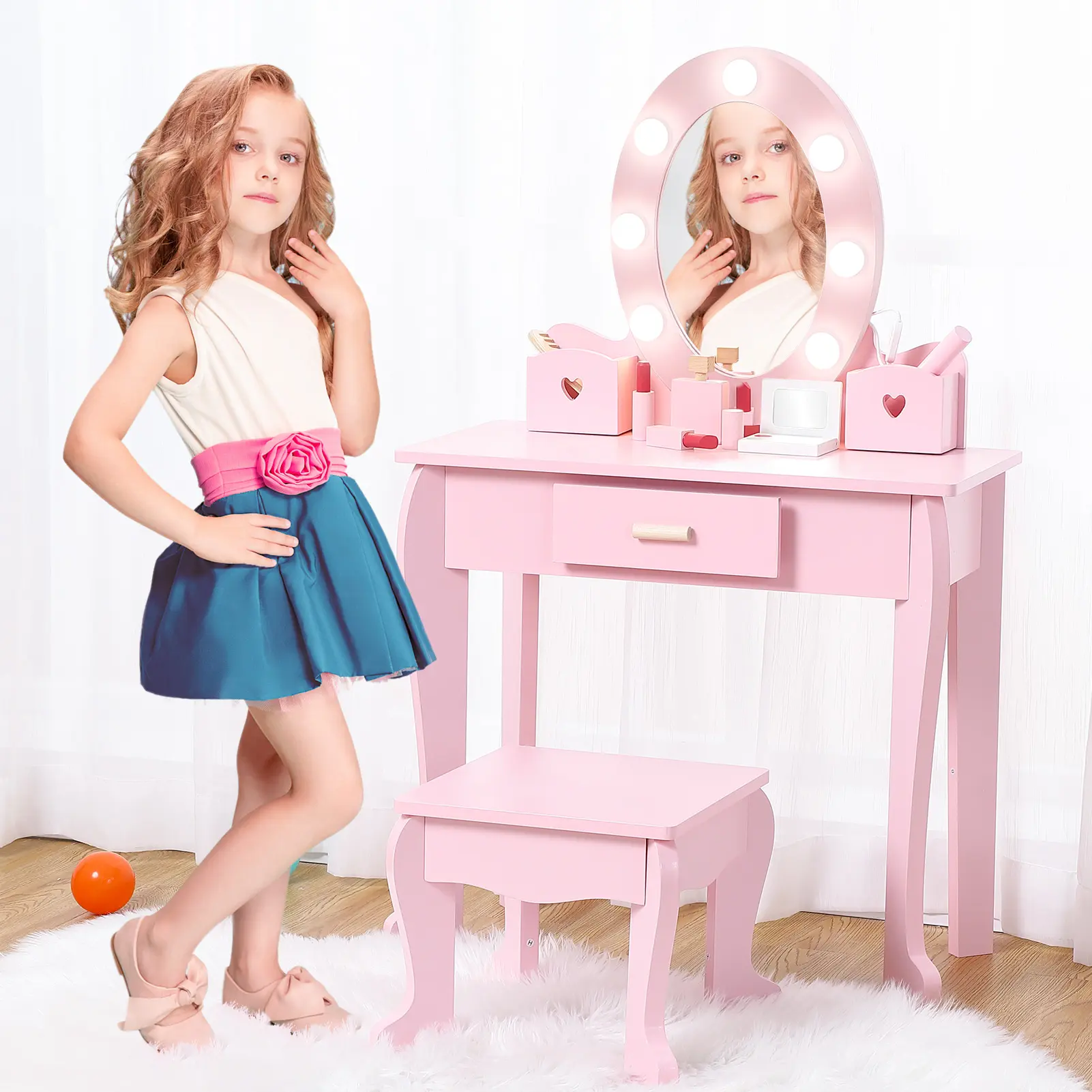 Lighted Mirror Kids Vanity Table and Chair Set - Wooden Princess Makeup Dressing Table with Stool - Pretend Play with Storage Drawer - Ideal for Girls and Toddlers - Pink