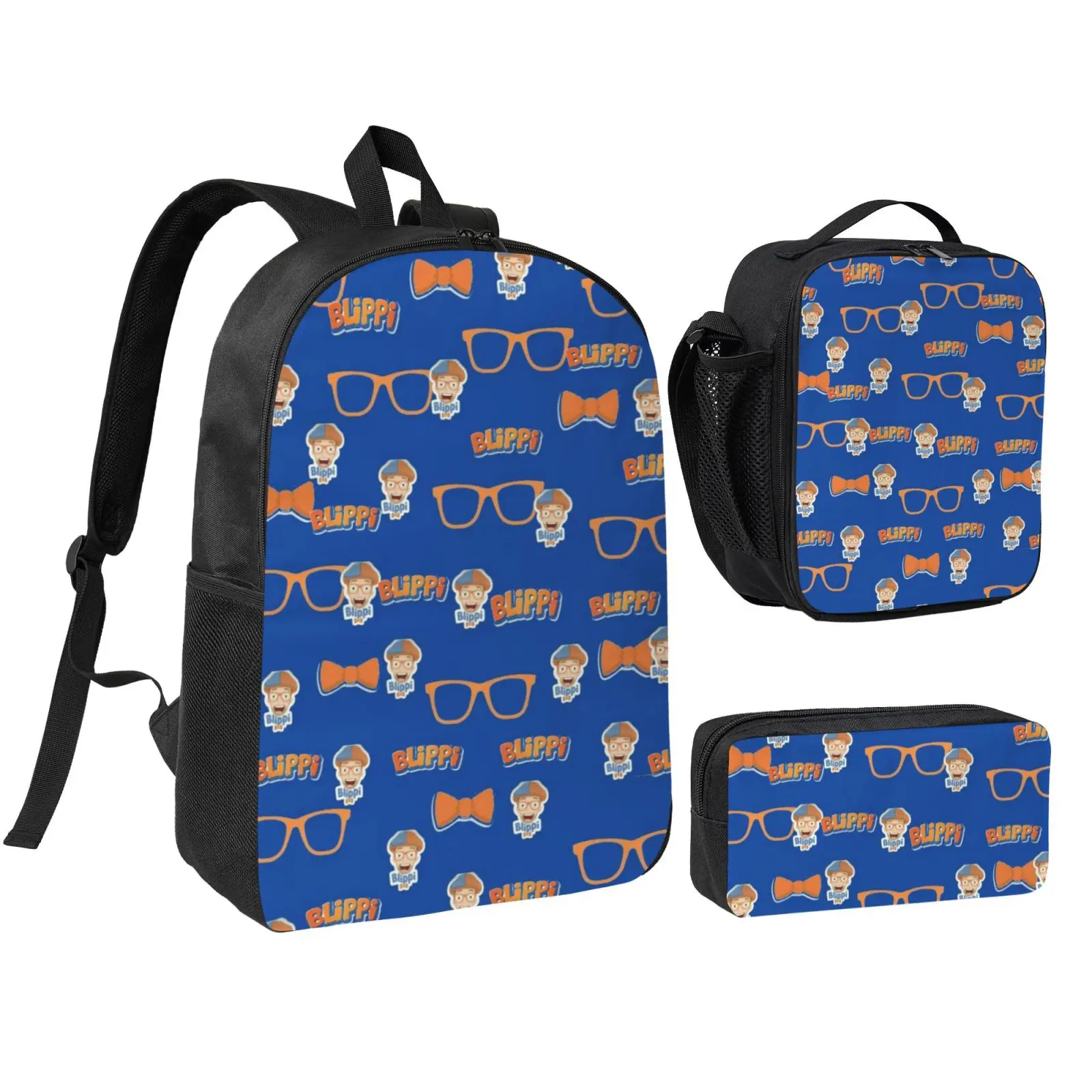 Anime Blippi4 backpack with lunch bag pencil box for Teen Girls Boys, 3pcs kids school bag with adjustable straps, office travel bag Bookbag lunchbox