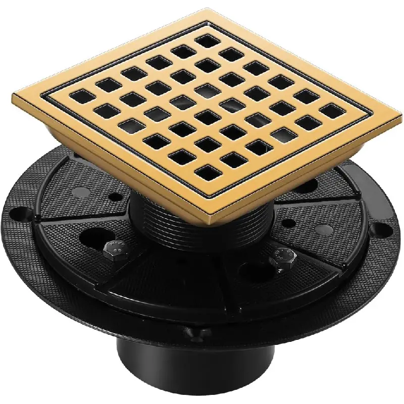 Shower Drain, Brushed Gold 4 inch Shower Floor Square Drain with Flange, Removeable Grid Panel SUS 304 Stainless Steel Square Shower Drain