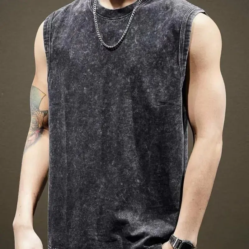 2/4PCS  Pure Cotton European and American High Street Retro Washed Distressed Sleeveless Vest Men's Casual Loose Shoulder T-shirt