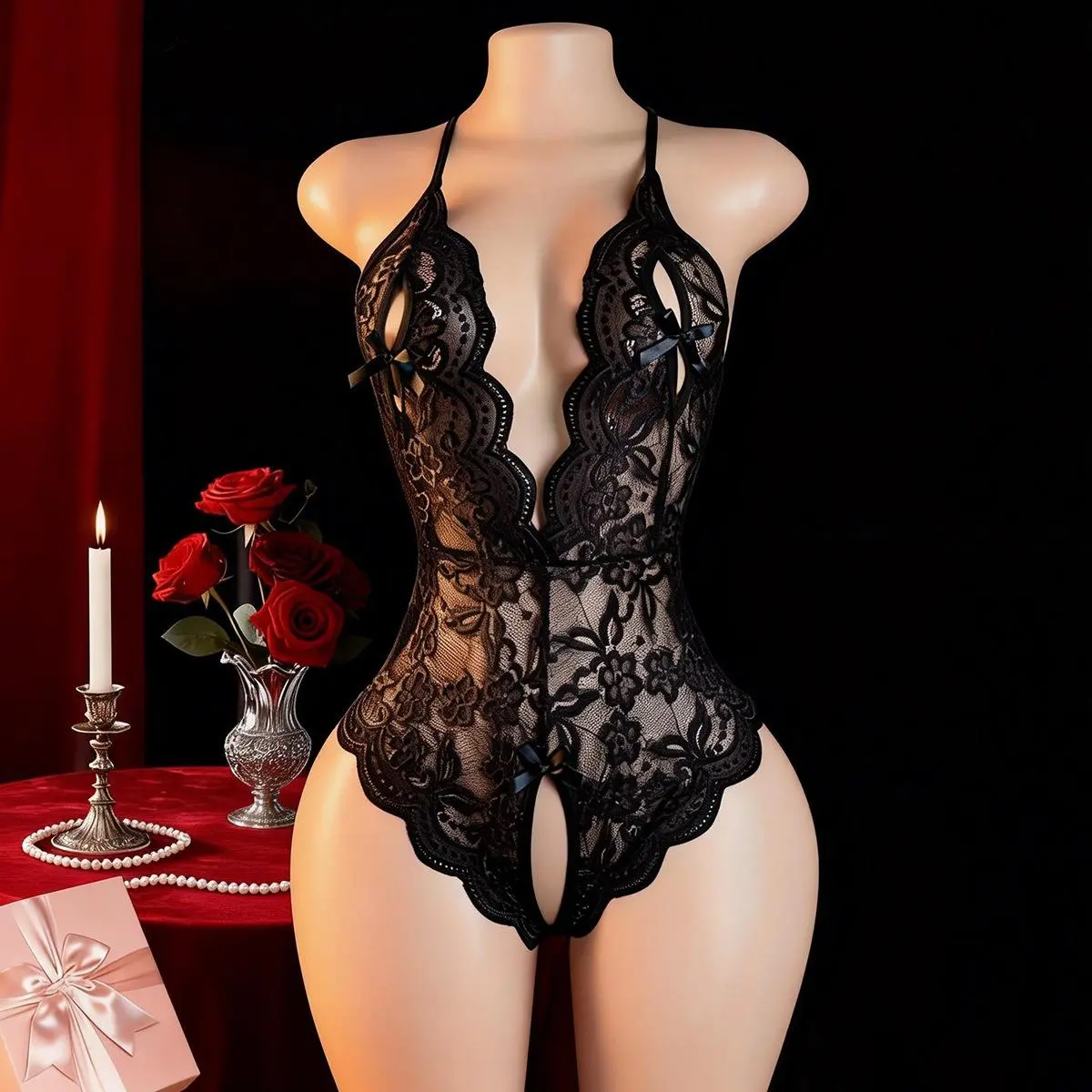 Plus Size European & American Lace Bodysuit Open-Crotch Teddy Onesie for Women, Sexy Sheer Y2K Lingerie & Cosplay Costume, Deep V Neck Backless Stretch Jumpsuit, Wholesale Nightwear Outfit for Roleplay, Date Night, Clubwear, Party & Bedroom Wear, Lightwei