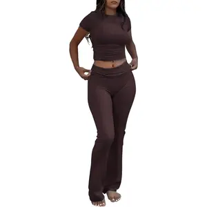 Casual Workout Two Piece Outfits for Women Short Sleeve Crop High Waist Foldover Flare Pants Tracksuit Sets Streetwear