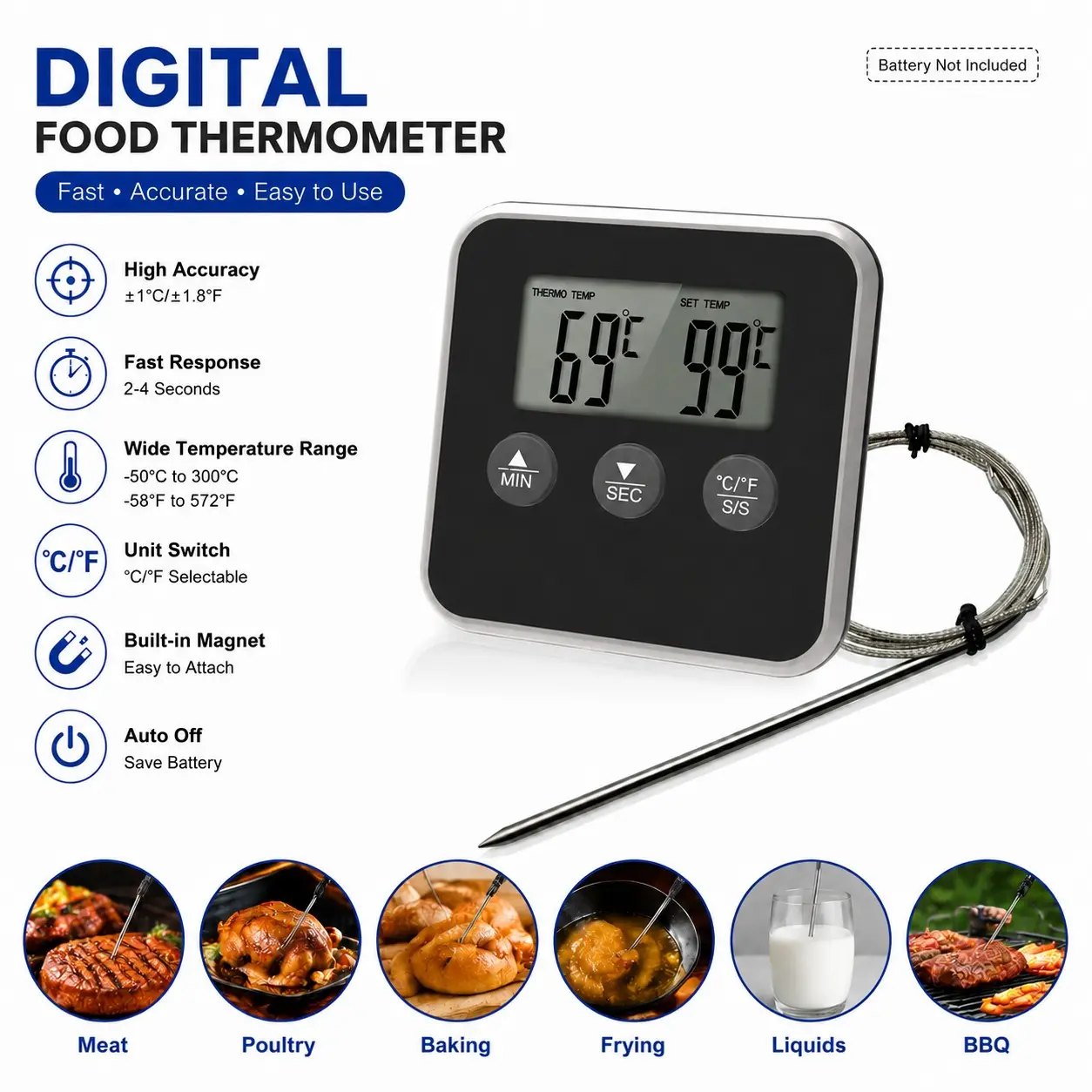 Kitchen Digital Meat Thermometer with Cooking Timer, Long Probe for Oven BBQ, Oil Temperature Reader, Instant Reading, No Battery Required