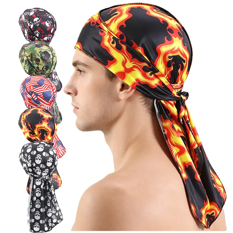 Viral Flame Print Silky Durag Extra Long Tail Straps 360 Wave Cap Satin Headwrap Biker Hip Hop Streetwear Men Women Daily Wear