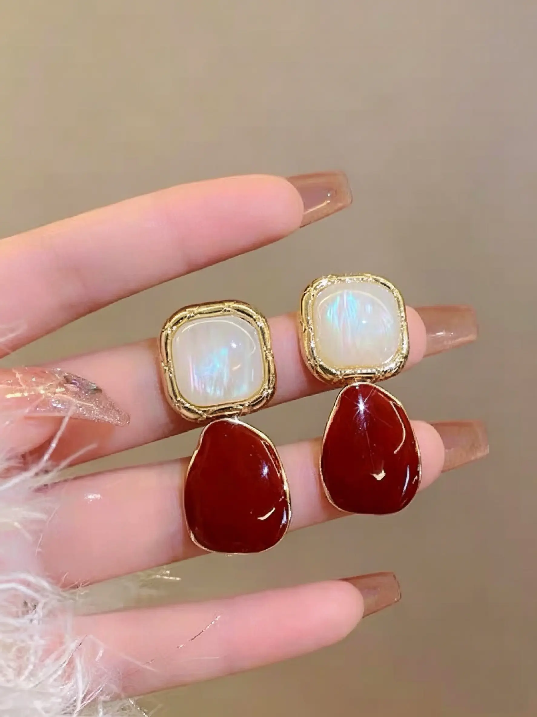 Vintage burgundy enamel drop earrings, Stylish jewelry, hypoallergenic gold frame with natural iridescent shell inlay, two-tone irregular geometric dangling design, style matches daily outfits and party looks