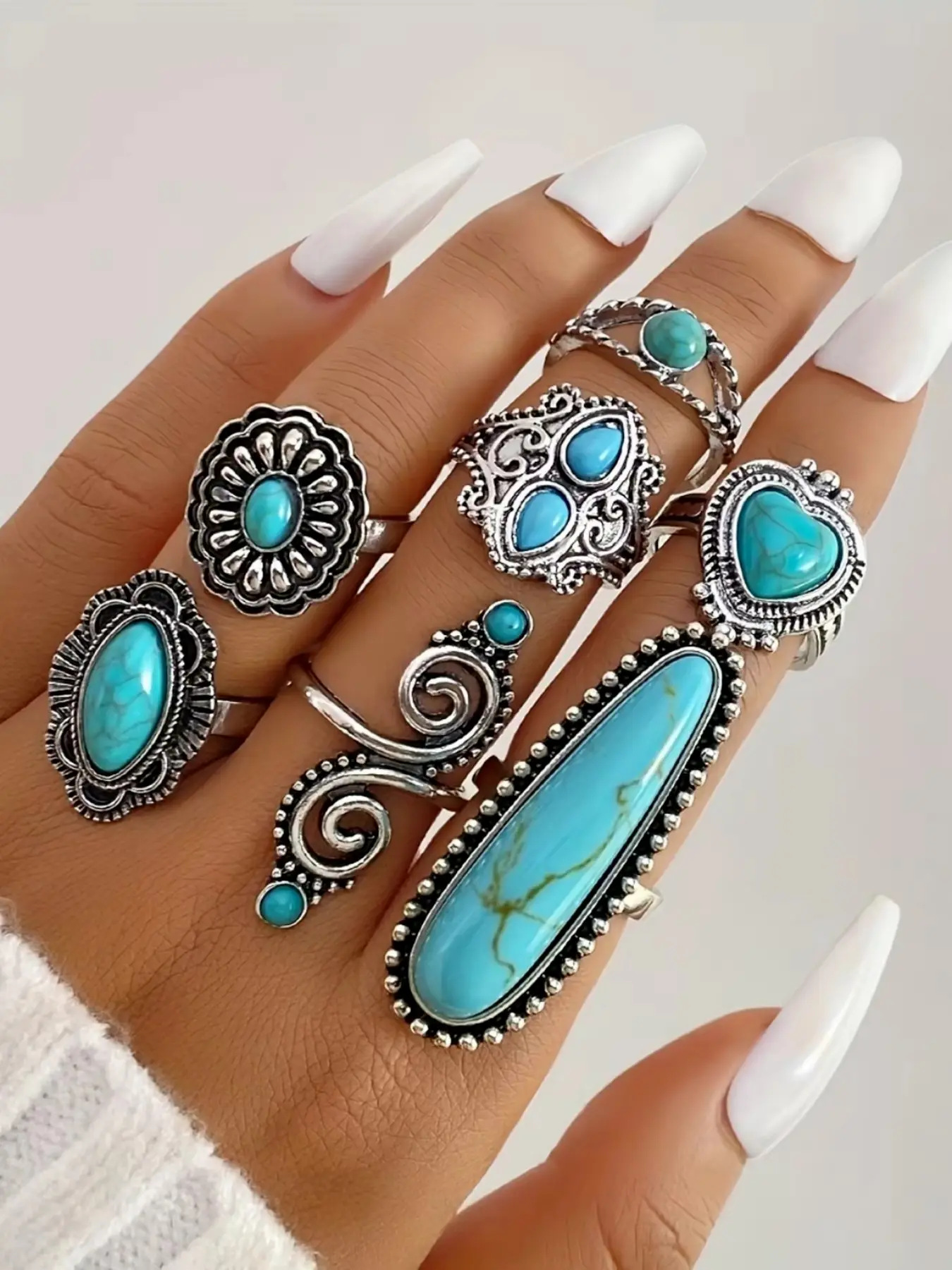 Boho Style Turquoise Ring Set, Vintage Stackable Bohemian Rings for Women, Casual Ethnic Pattern Jewelry, Perfect Gift for Birthday and Valentine's Day