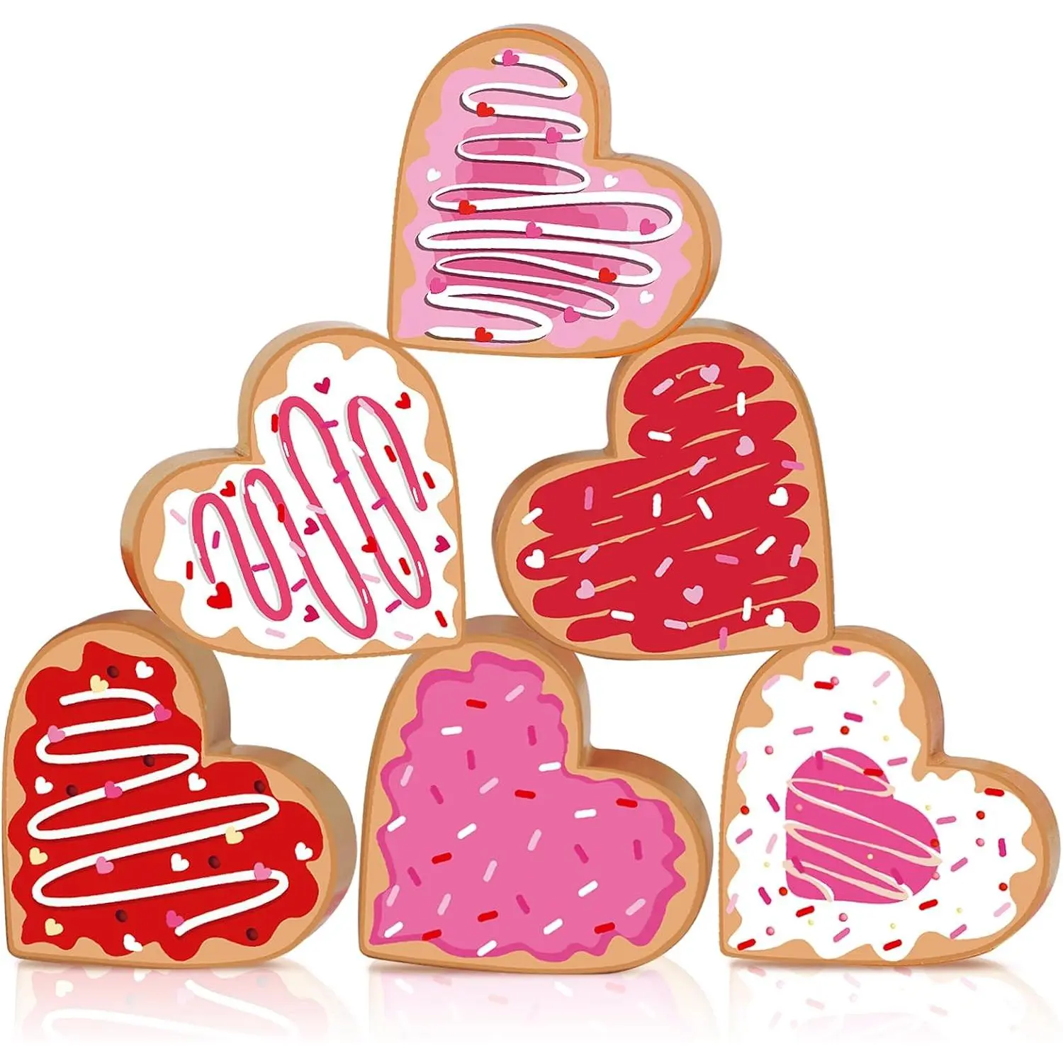 6 count Valentine's Day Decorations for  Double-Sided Wooden Heart Valentine Table Centerpiece Love Decorations for Tables Valentines Tiered Tray Decor for Office Desk Shelf  Room Party Supplies