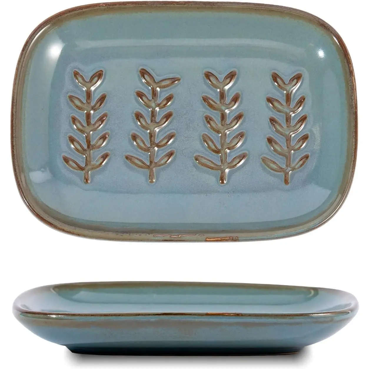 Aesthetic Ceramic Soap Dish for Shower, Soap Holder with Raised Relief, Shower Soap Dish for Shampoo Bar Or Sponge, Soap Saver for Bathroom, Kitchen, Sink, Decorative Soap Tray (Blue)