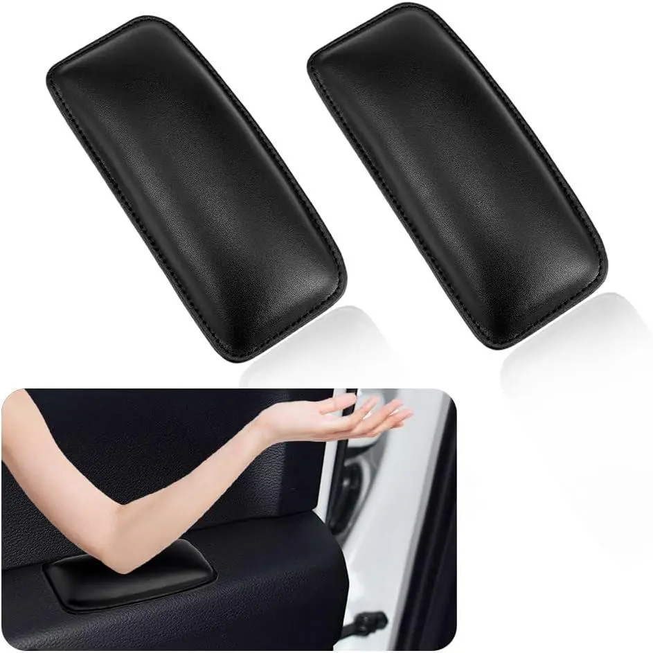 Black Universal 2-Pack Automotive Soft Leather Door Armrest & Center Console Cushion Pads - 7.08" x 3.08" x 1.35", Adhesive Mount, Breathable, Cushioned Support, Impact Buffer Elbow Pillows for Drivers, Multi-Vehicle Fit