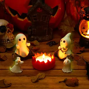 Glow-in-The-Dark Ghost Campfire Gathering, Cute & Cozy Halloween Ghost Figurine Set |   2 Ghosts, Ghost Dog, Ghost Cat and Tea Light Holder |   Resin Ghost Statue  Home, Mantel, Shelf, Desk