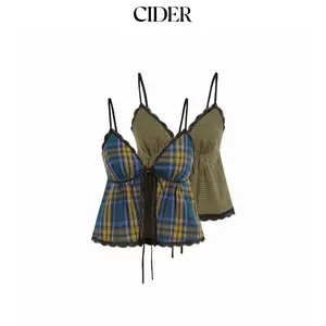 Cider Reversible Plaid V-neck Contrasting Lace Knotted Cami Top SummerWins SummerFinds