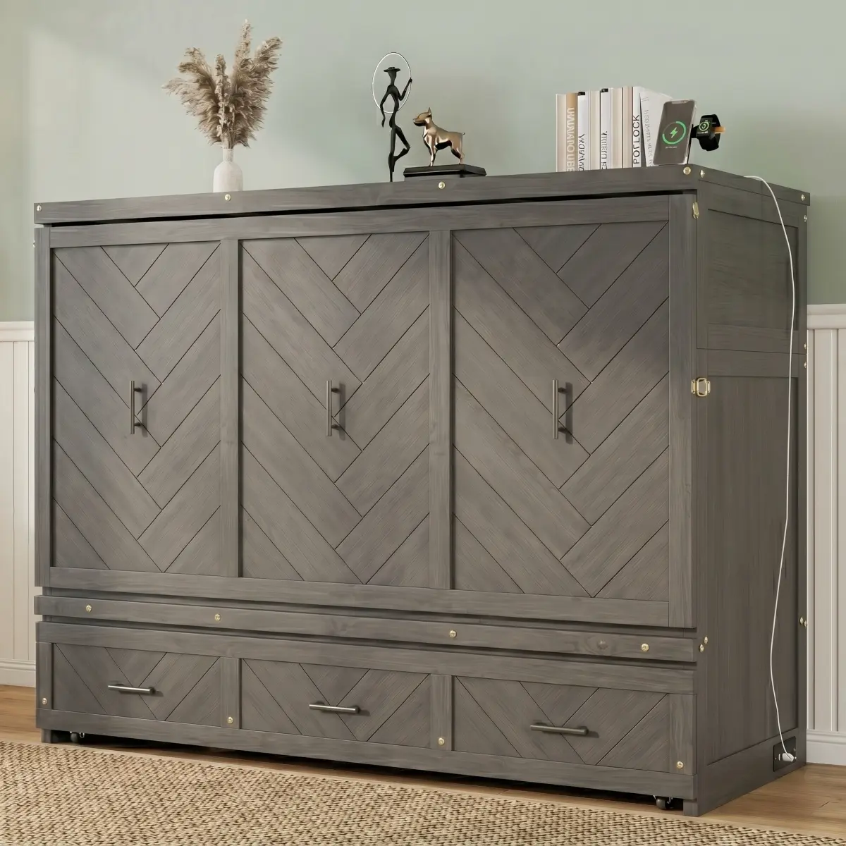 Aobtkel Queen Size Murphy Bed - Pine & MDF Cabinet Bed with Built-in USB Ports, Geometrical Decoration Panel, Grey, 111.3 lbs Weight, 6 Inches or Less Profile, 62.6”L X 25.2” W X 48.8”H