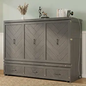 Aobtkel® Queen Size Murphy Bed - Pine Wood Cabinet Bed with Built-in USB Charging Station, Geometrical Decoration Panel, Grey