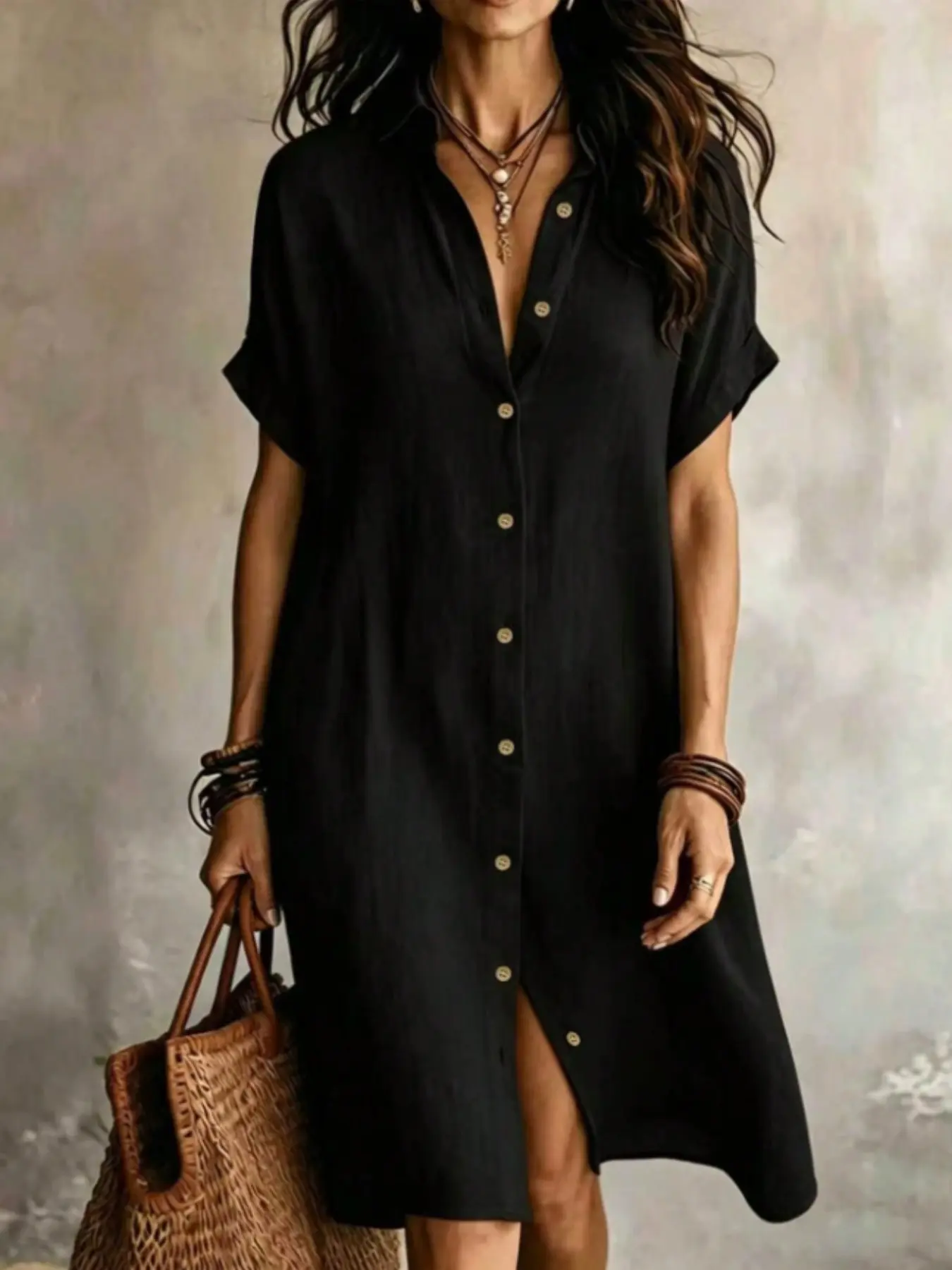 Women's Midi Solid Color Short Sleeve Dress, Simple Vintage Style, Casual Summer, Elegant Plain Design, Perfect for Daily Wear