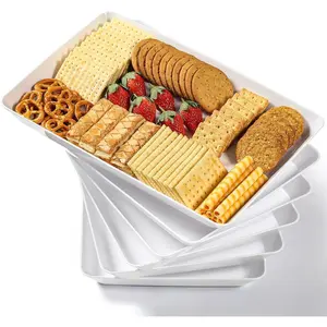 6 Pack, 16" x 11" Large White Serving Trays Set - Reusable Plastic Serving Platters for Cookie, Appetizer, Charcuterie, Snack, Dessert, Party Food Display - Stackable Kitchen CounterTop Tray, BPA Free