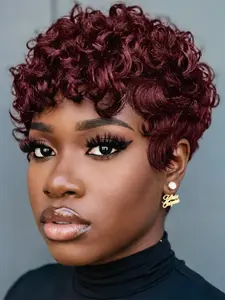 pixie wig machine made natural black color short curly pixie wig 150% Denisty pixie cut human hair wigs for women daily party cosplay use wig