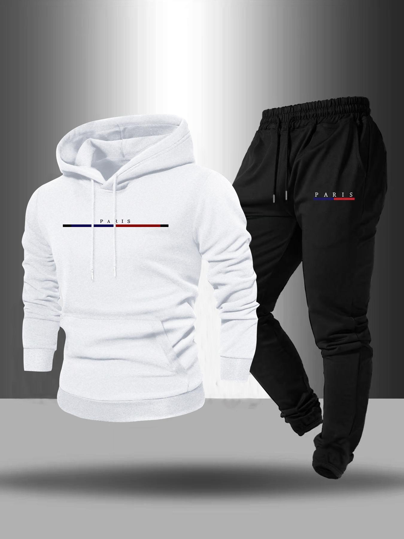 Men's Letter Print Drawstring Hoodie & Pocket Sweatpants Set, Casual Regular Fit Long Sleeve Hooded Sweatshirt & Jogger Pants, Fall & Winter Menswear, Streetwear Tracksuit