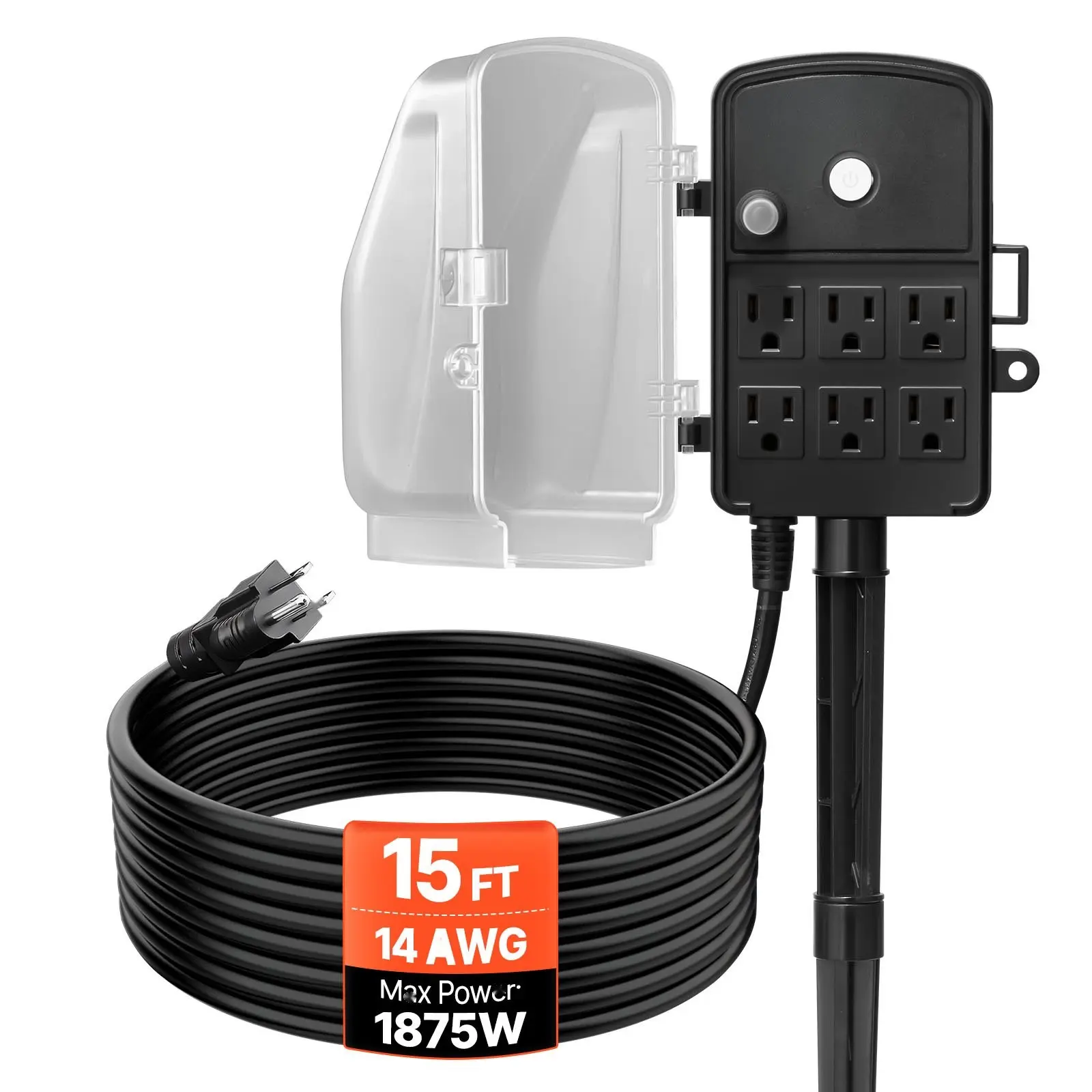 Outdoor Power Stake With 15 Ft Extension Cord, Weatherproof Power Strip With Cover And Overload Protection, 6 Outlets, 15A / 1875W, Waterproof Multi-Outlet Yard Stake For Christmas Lights And Outdoor Decor