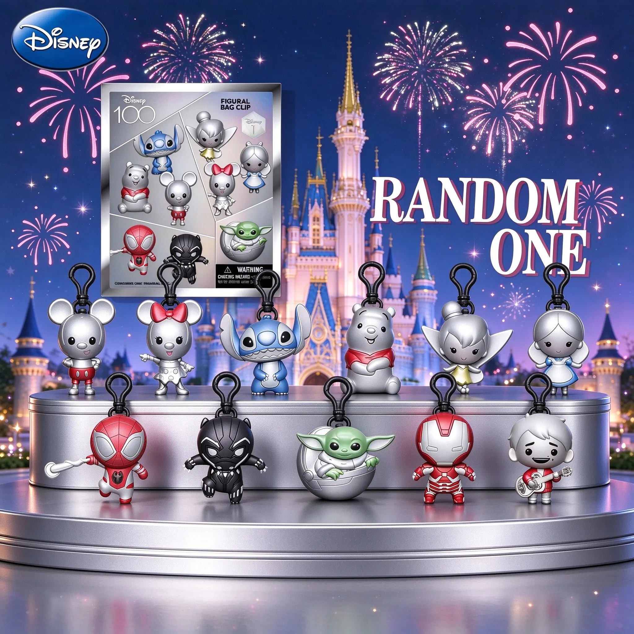 Disney Official Licensed Disney100 Series 1 Blind Bag, Mini Figure Keychain Charm, Stitch Mickey Grogu Spider-Man, Collectible Fan Gift