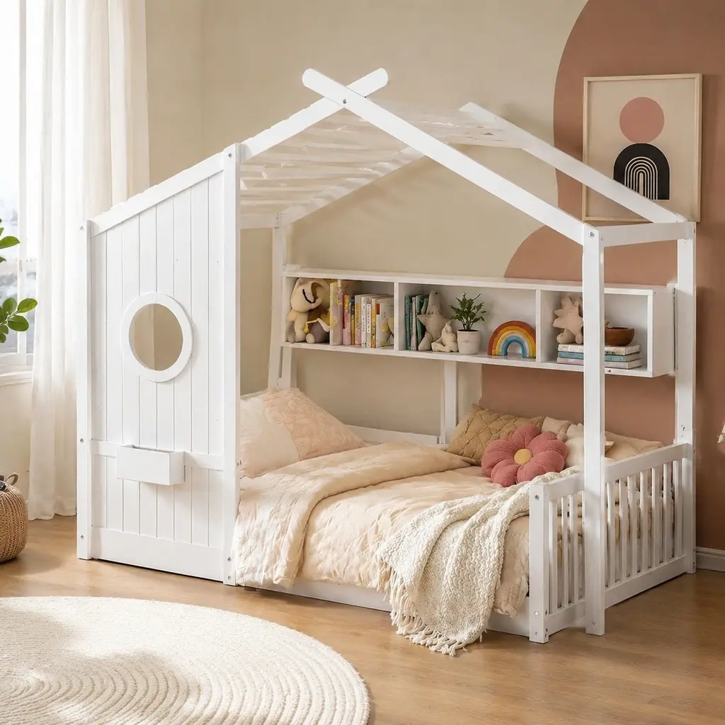 ARCH Furniture Single Montessori Bed for Toddlers - Contemporary Pinewood Kids House Bed with Roofed Frame, Storage Shelves, 350 lbs Capacity, Fits 8 In Mattress, 77.75"l x 42"w x 61.8"h, White, Partially Assembled, Toddler Bed, Montessori Beds