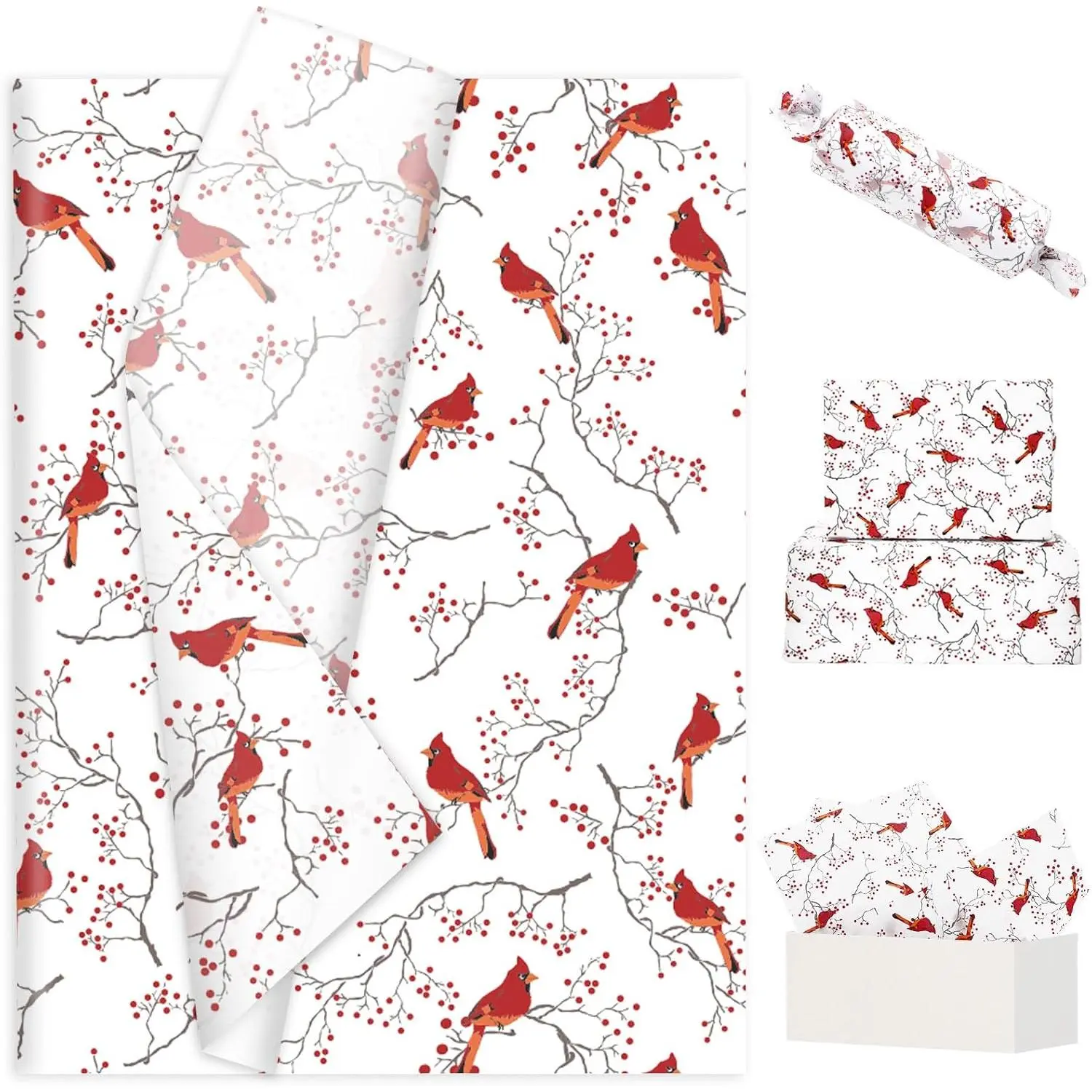 60 Sheets Christmas Tissue Paper Red  Bird Berry  Wrapping Paper Xmas DIY Art Crafts Tissue for Winter Holiday Birthday, 14 x 20 Inch