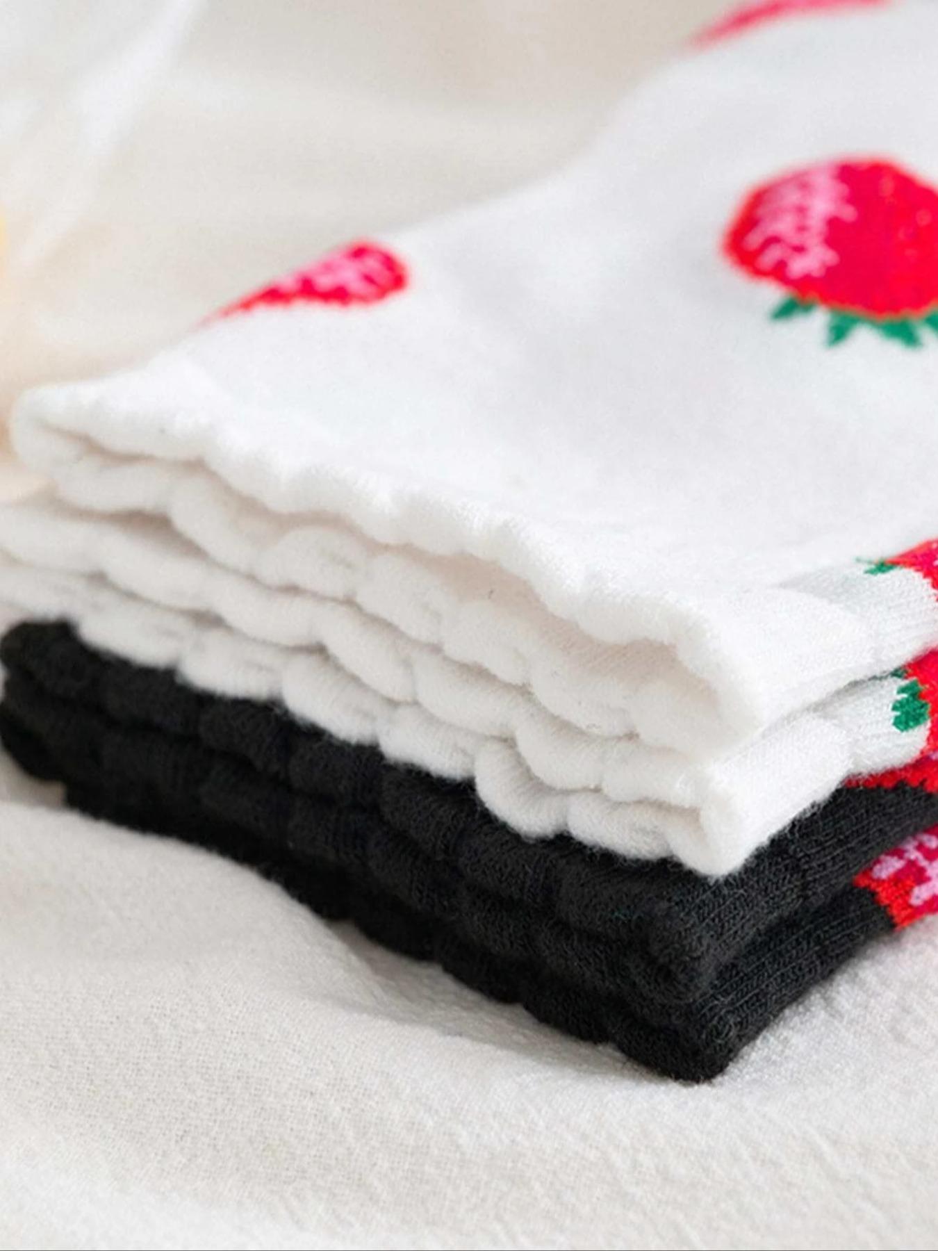 Women's 2 Pairs Strawberry Print Jacquard Crew Socks, Fall Wear, Fallfreshness Casual Moisture Wicking Socks, Soft Comfy Breathable Socks For All Seasons Daily Wear, Womenswear, Sock Set