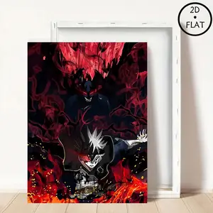 Canvas Wall Art, Red Black Fire Swirl White Haired Anime Boy Dark Demon Behind Print Epic Decor For Anime Bedroom Man Cave