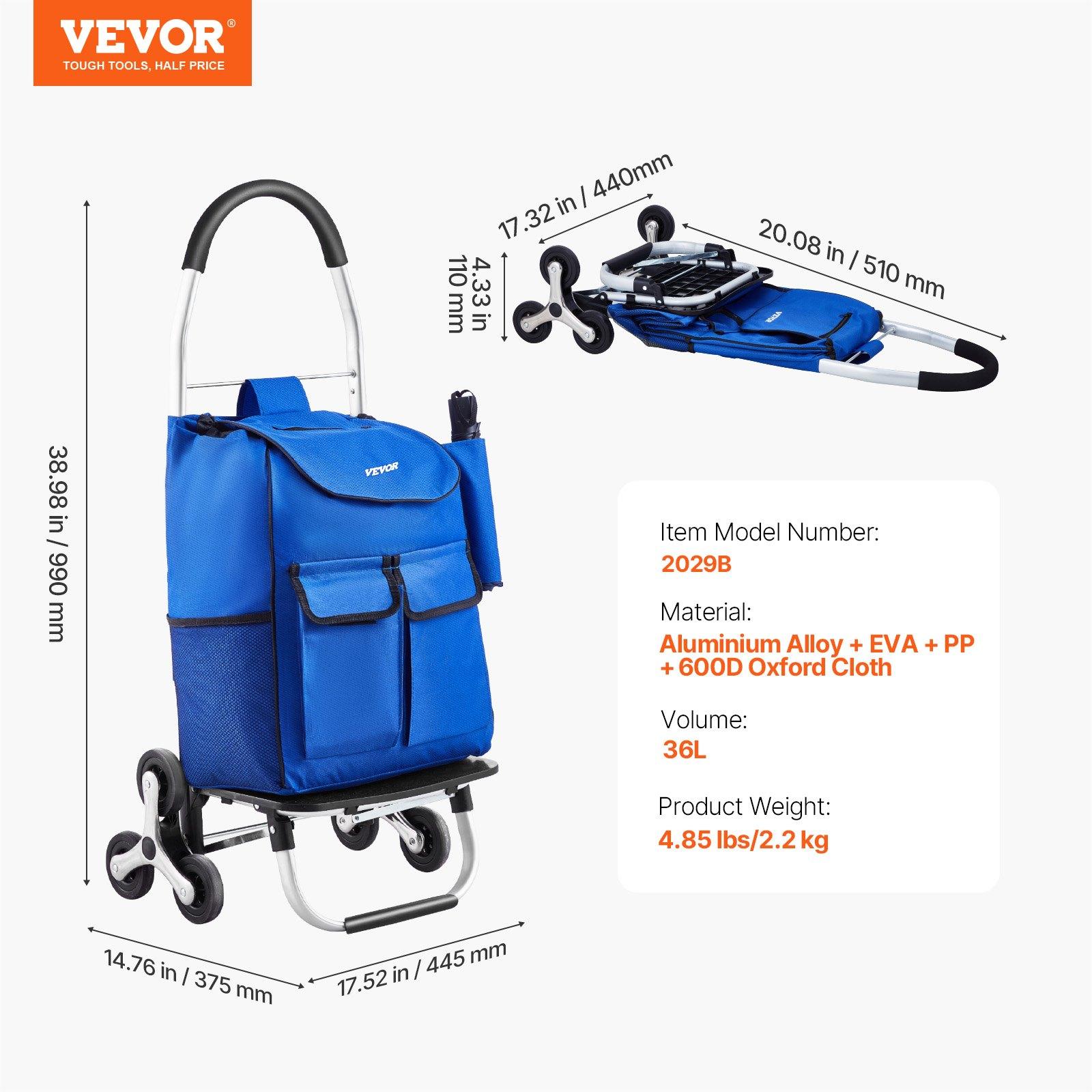 【Summerfinds】VEVOR Carbon Steel Stair Climber Trolley Dolly, 36L Foldable Compact Shopping Cart with 6 Wheels & Oxford Cloth Bag, Portable Transportation Cart with Storage Bin