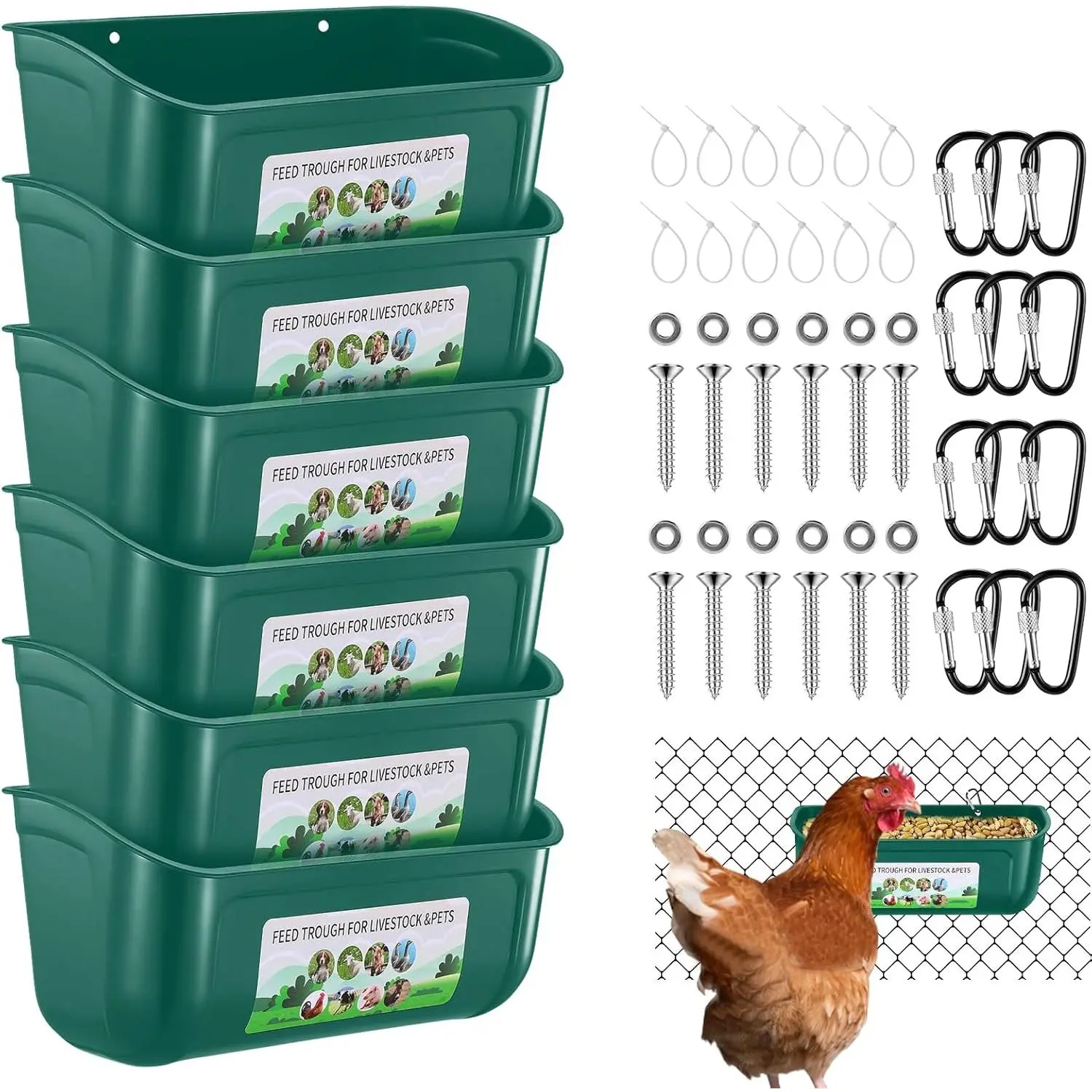 Polypropylene Hanging Detachable Fence Chicken Feeder with Clips, 2/4/6 Multiple Packs, Duck Poultry Livestock Supplies, Includes Feed Scoop (Green)