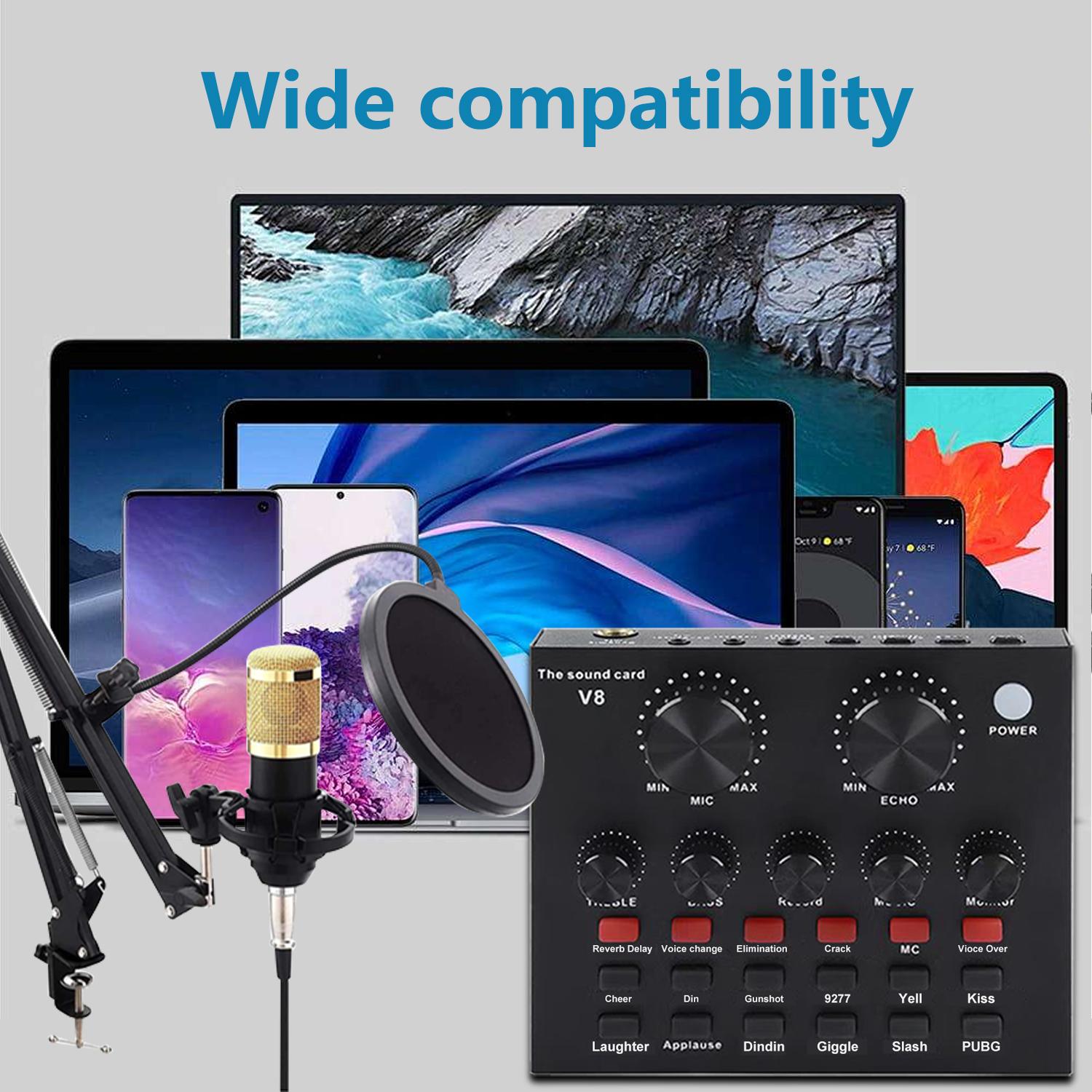 Audio Interface with Mixer & Vocal Effects, Condenser Microphone Kit, Live Sound Card, Adjustable Mic Stand for Studio Recording, Streaming Broadcast