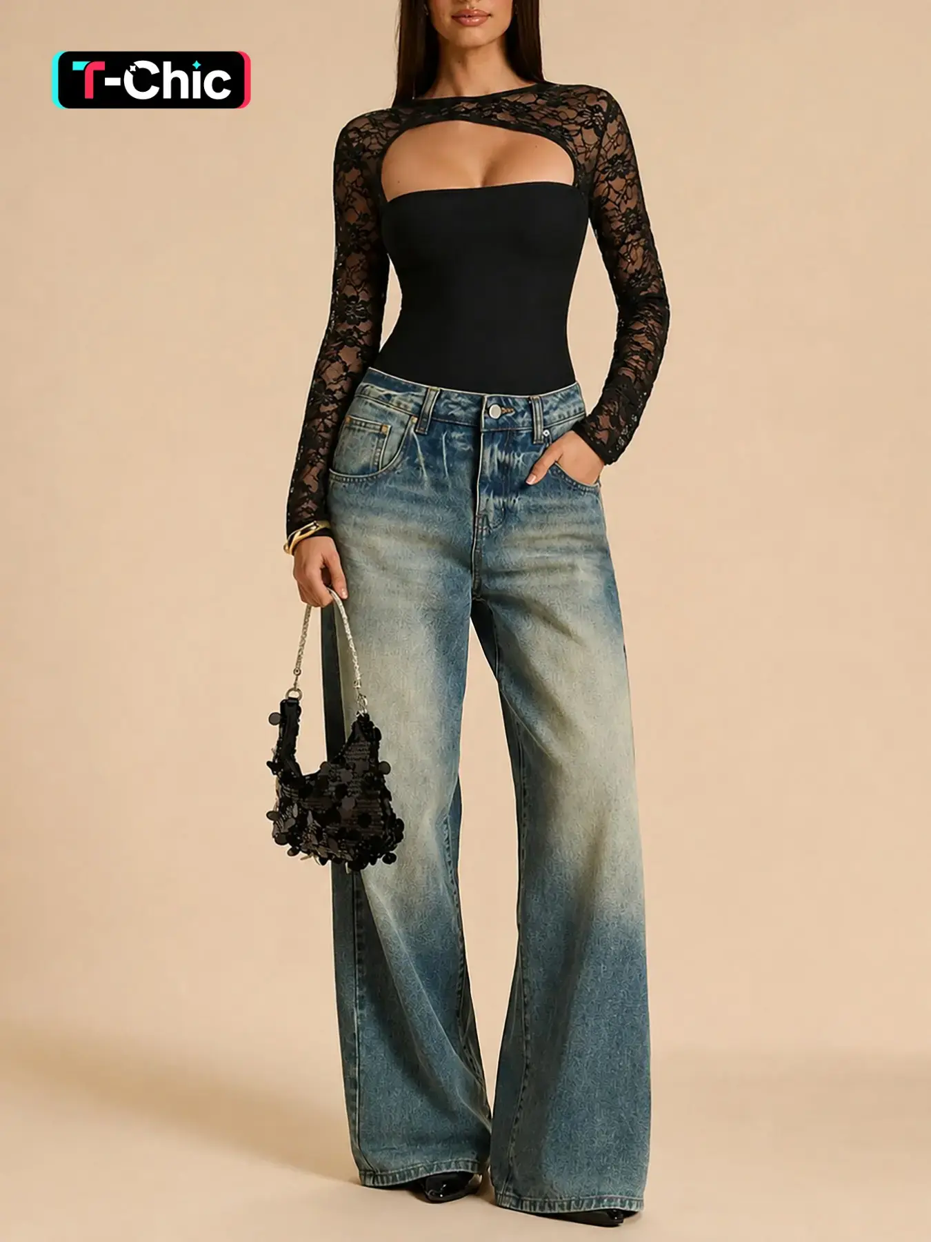 Elegant Women's Sheer Lace Jumpsuit, Long Sleeve Top with Ruffled Mesh Details, Slim Fit One-Piece Design, Perfect for Dates and Special Occasions