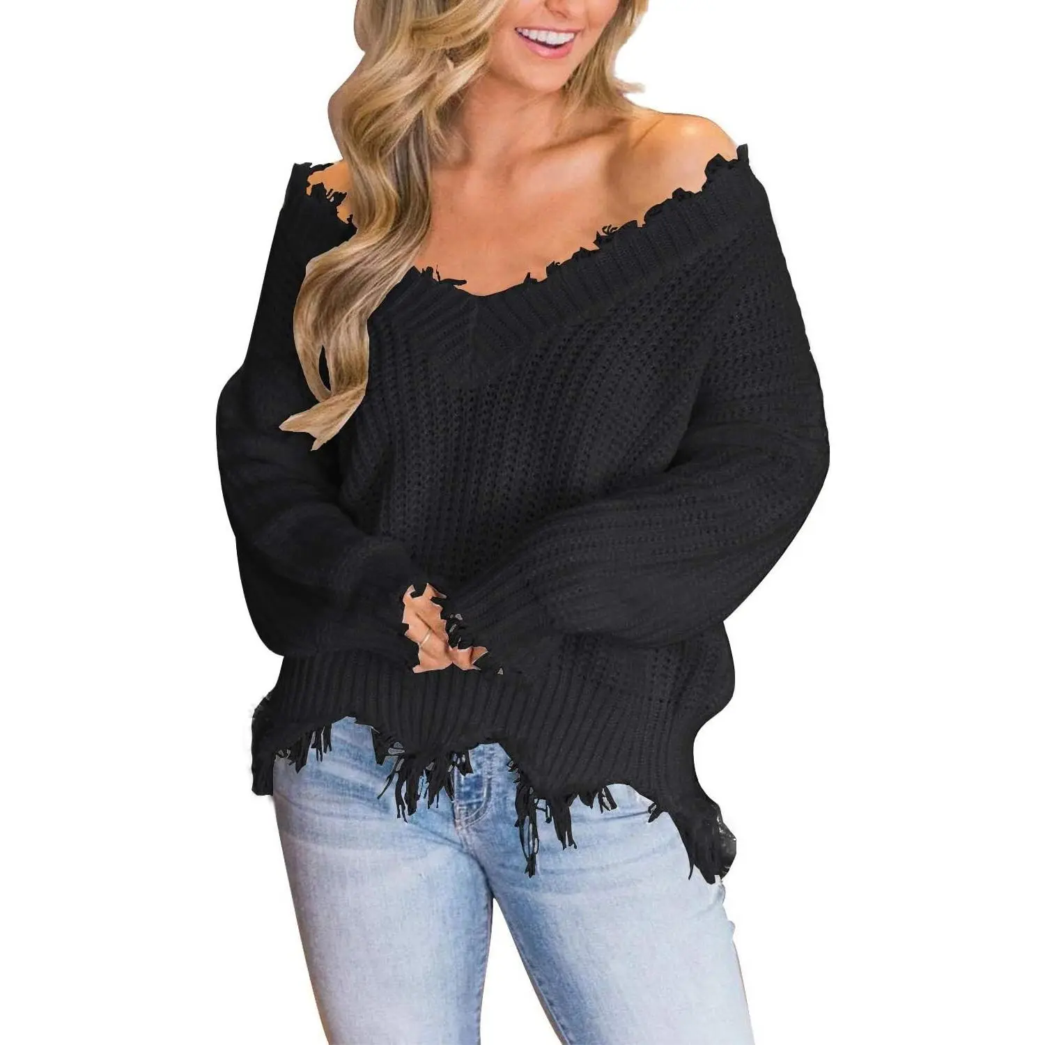 Womens Loose Knitted Off The Shoulder Sweater Solid V Neck Long Sleeve Pullover Ripped Crop Top