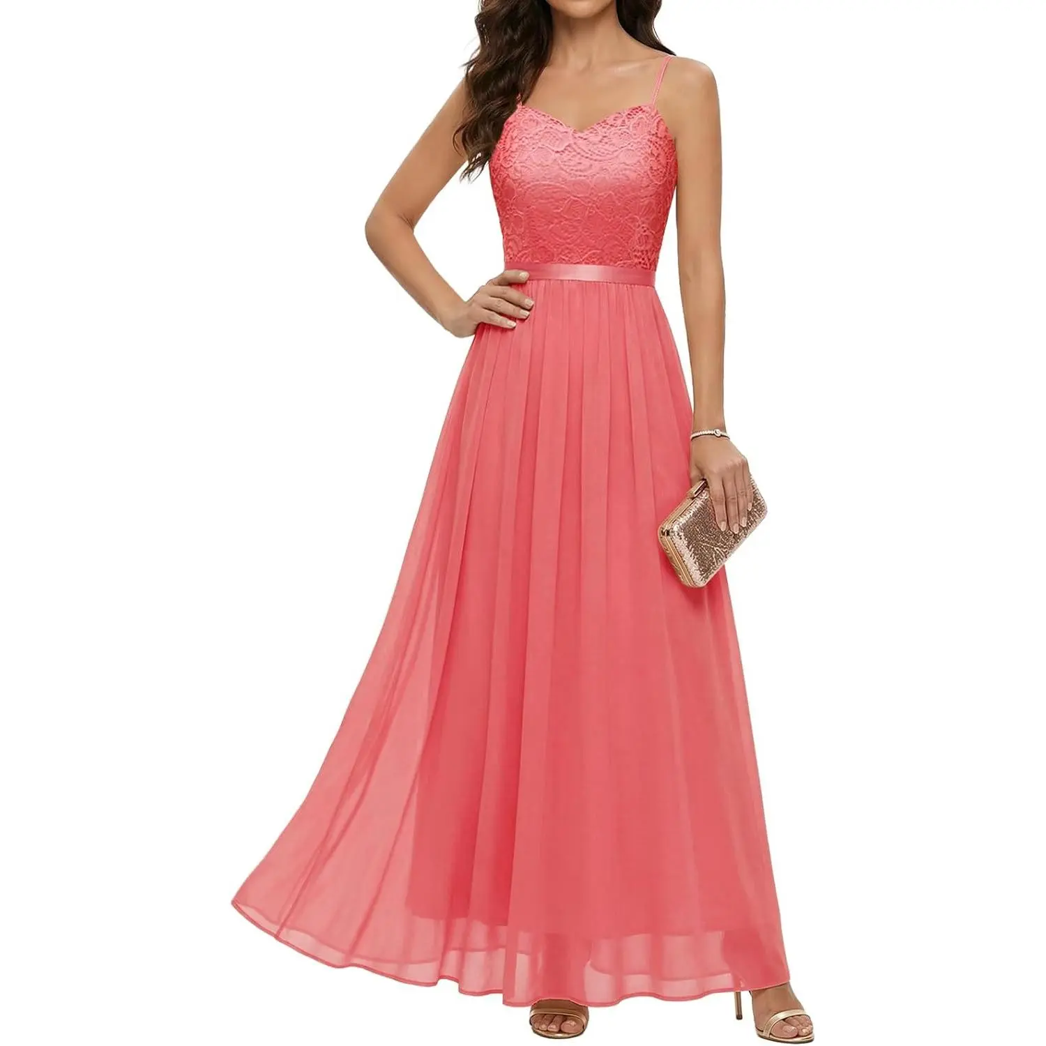 DRESSTELLS Women' s Formal Wedding Guest Dress 2026, Lace & Chiffon & Fully Lined, Spaghetti Straps Prom Dresses