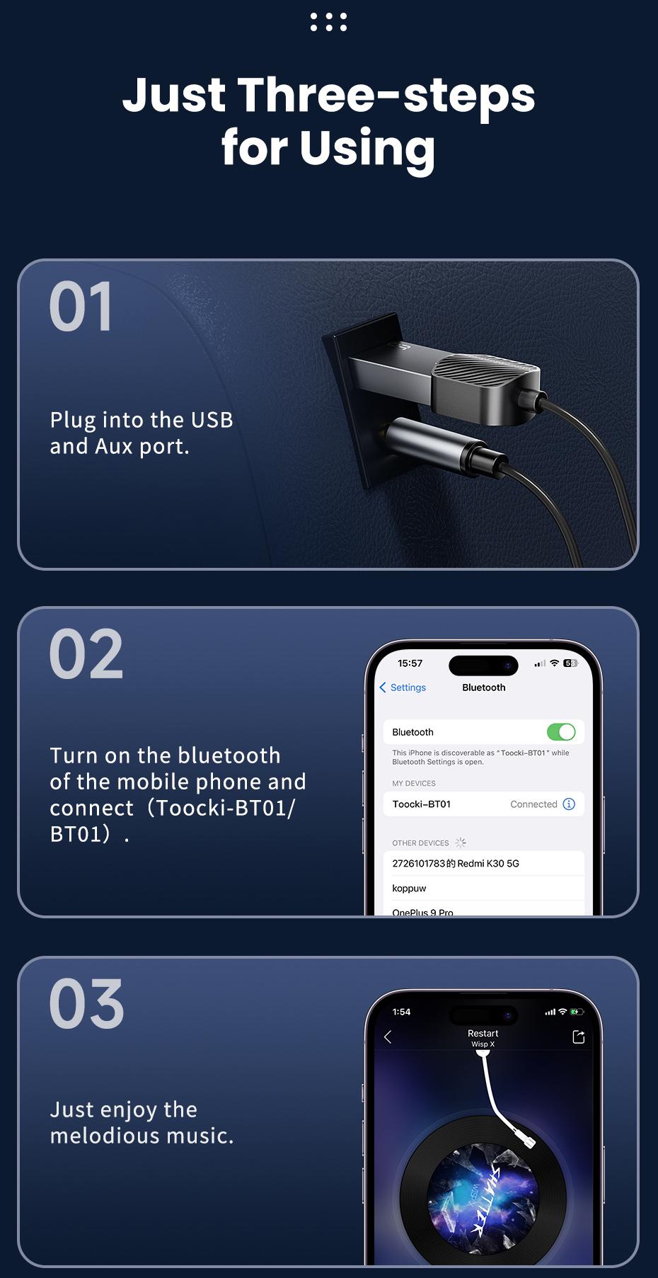 Toocki  Wireless Aux Bluetooth Adapter USB to 3.5mm Jack Car Audio Aux Dongle Bluetooth 5.4 Handsfree Kit for Cars Wireless Receiver BT Transmitter