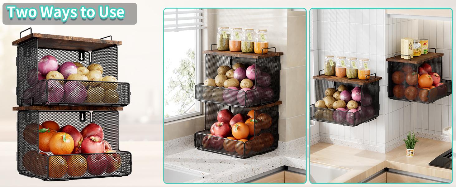 2-Pack Fruit Basket Wire Basket, Stackable Wall-Mounted Countertop Kitchen Counter Organizer for Snacks, Fruits and Vegetables Storage, Onion and Potato Hanging Basket with Wooden Lid