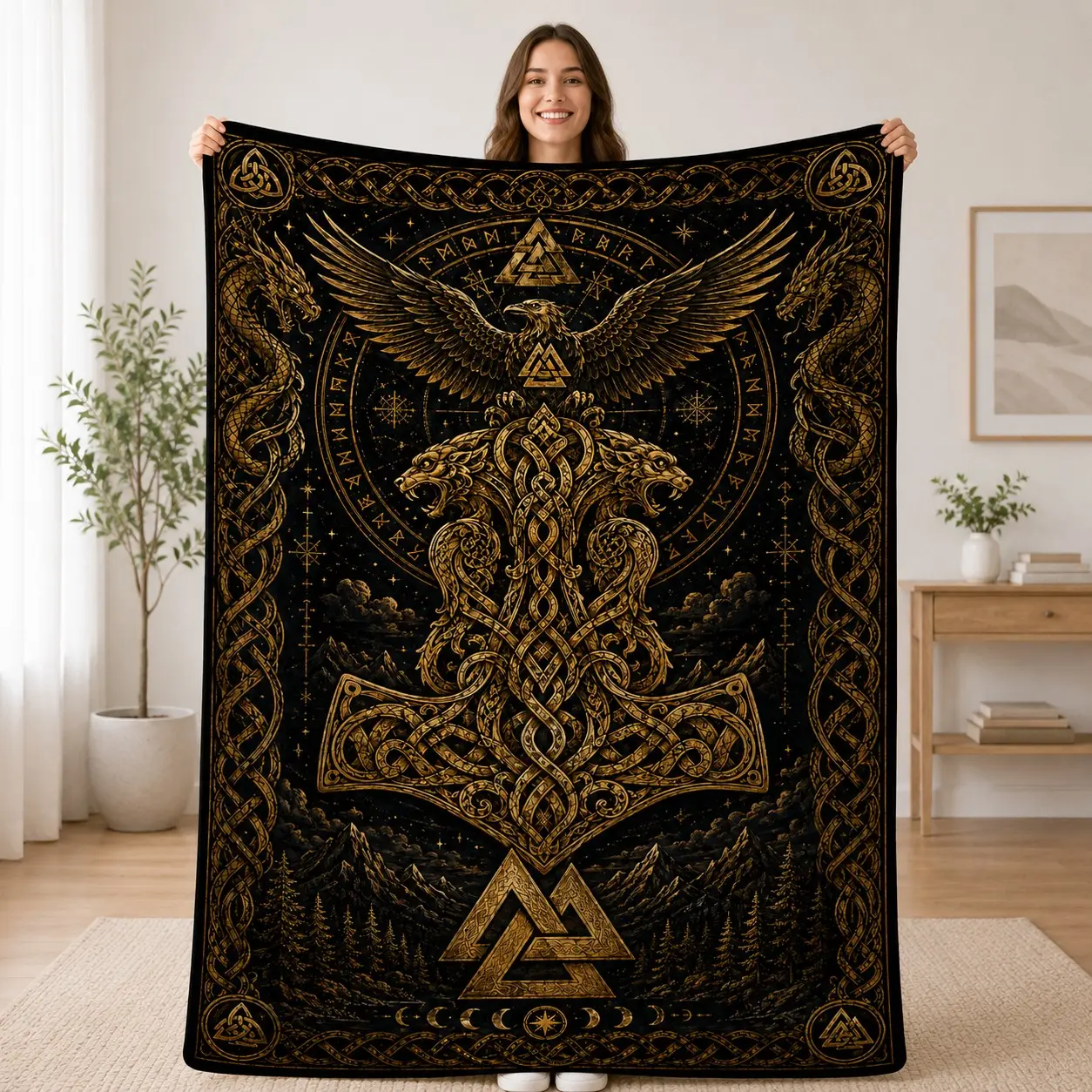 1pc Black Gold Norse Viking Flannel Blanket, Golden Eagle, Twin Wolves, Dragons, Mjolnir Thor Hammer, Valknut, Celtic Knots, Runes, Moon Phases & Mountain Forest, Soft Warm Lightweight Throw for Sofa Bed Gaming Room Gift #VikingBlanket #NorseDecor