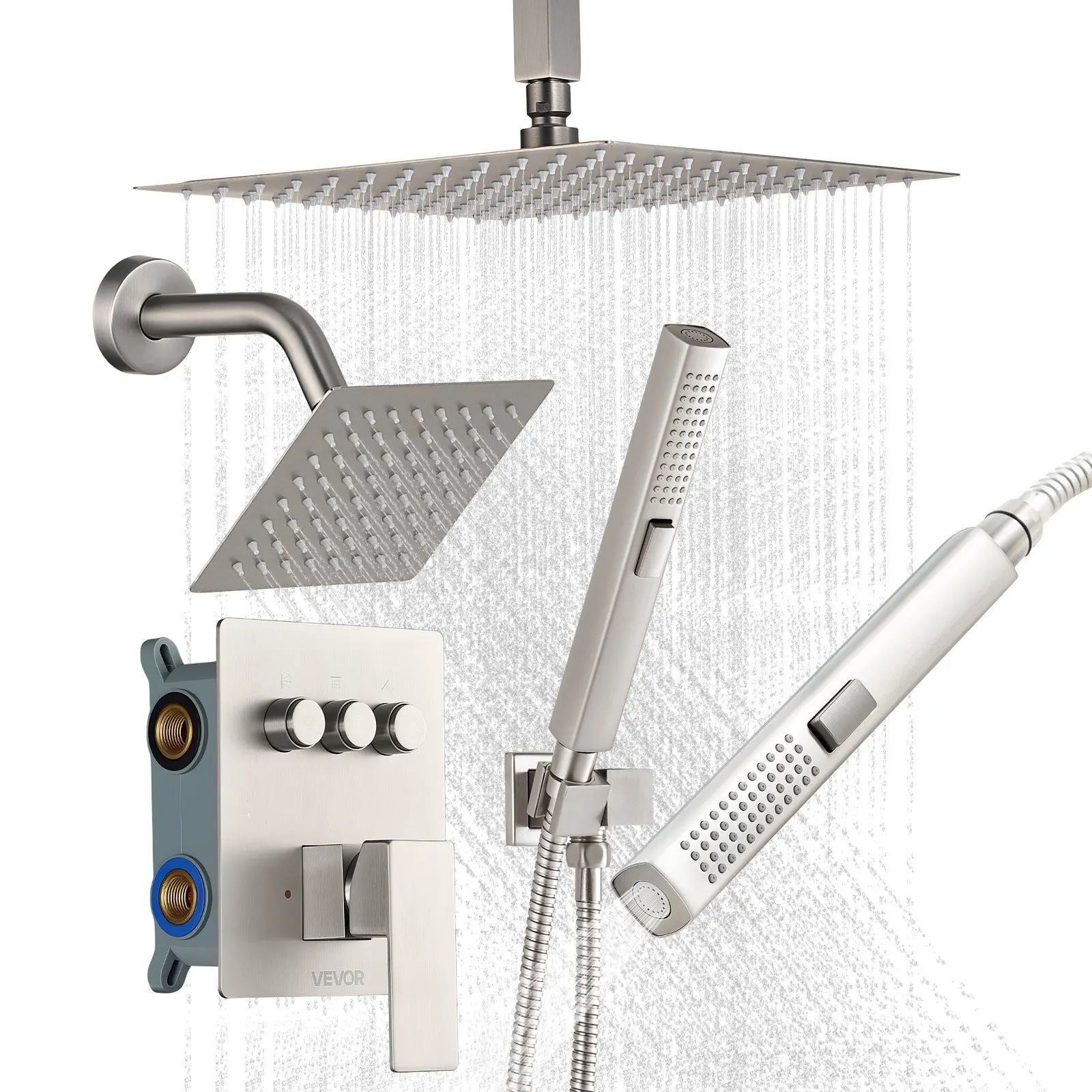 VEVOR Rainfall Shower Set, 10" Ceiling Mount Shower System, 6" Wall Mount Head, 2-in-1 Handheld Spray, 3-Function Rotatable Brass Valve Trim Kit, Brushed Nickel Finish