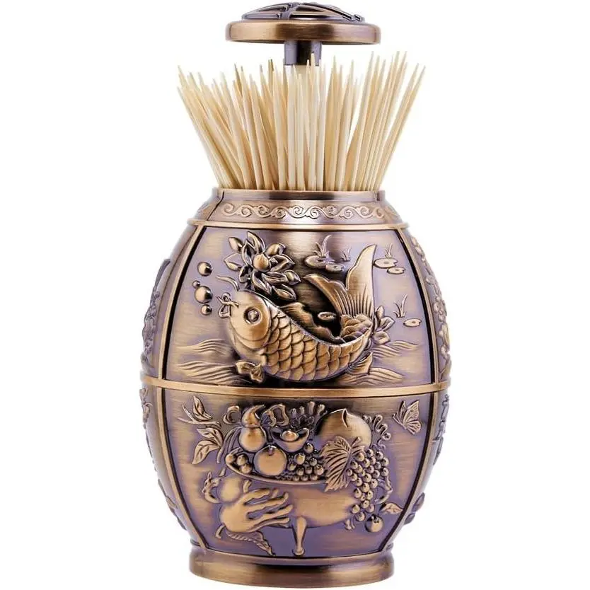 Push Style Retro Metal Automatic Toothpick Holder, House Warming Gifts, Retractable Toothpicks Case Can Box Organizer Storage Container, for Home Restaurant Café Club Bar Hotel ( Red Bronze )